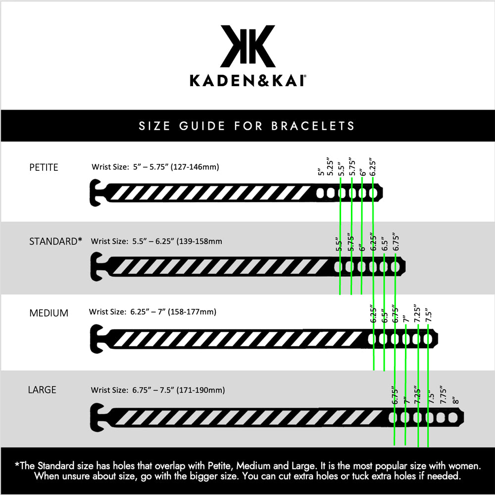 Kaden & Kai Bracelet Size Guide | Shows four bracelet sizes | Each has six holes | Customers can determine size by measuring wrist in inches or millimeters | Bracelet Extenders available for purchase | Turn a bracelet into an anklet or choker