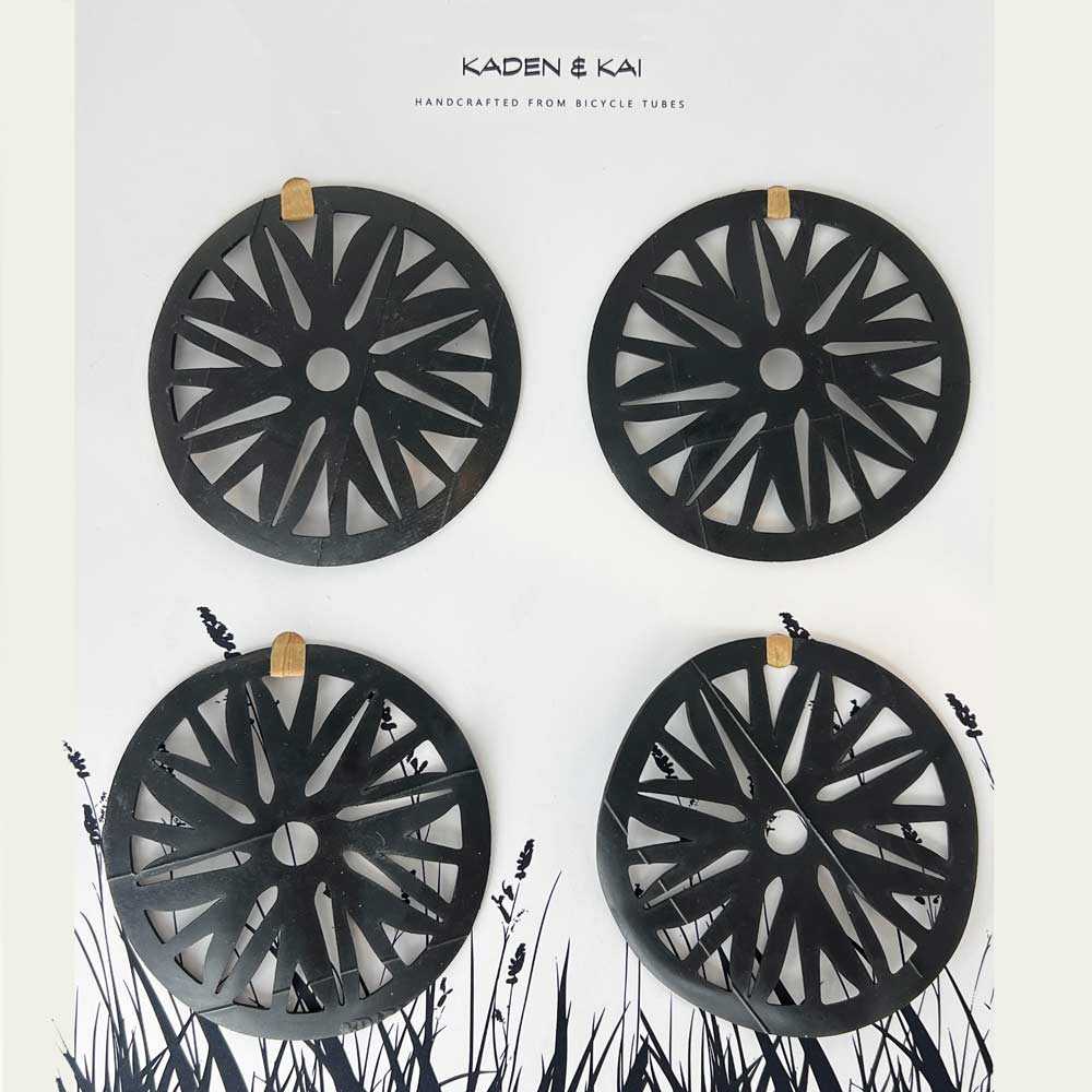 Four Black Floral Coasters on display card | Made from Verdasil | Kaden & Kai