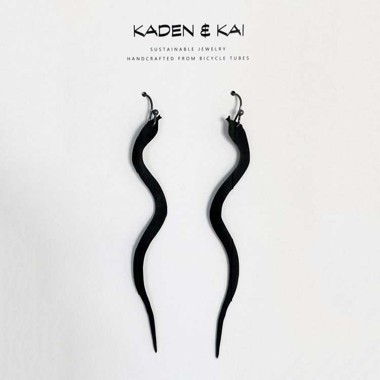 Snake Charm Bicycle Tube Earrings on Display Card | Sustainable Fashion Earrings | Kaden & Kai