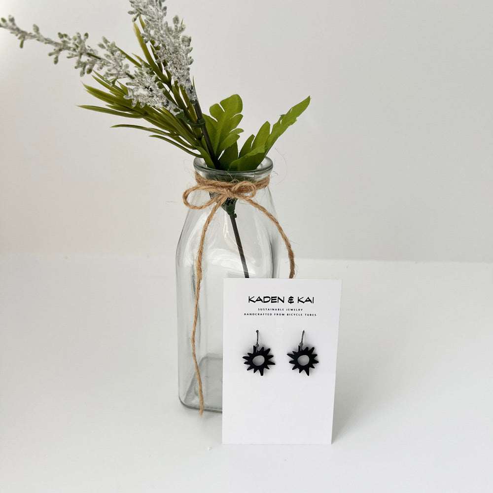 Sunburst Bicycle Tube Earrings on Display Card | Sustainable Fashion Jewelry | Kaden & Kai