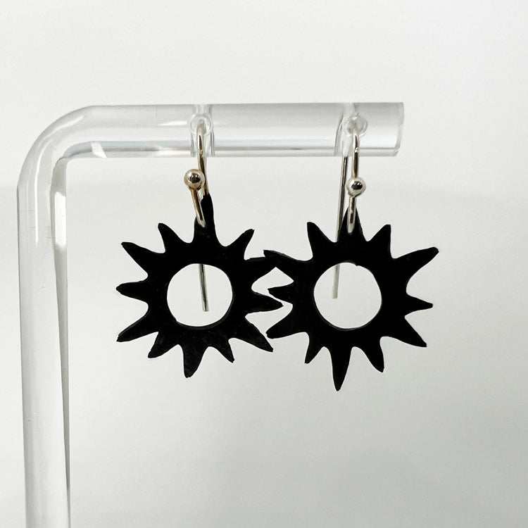 Sunburst Bicycle Tube Earrings on Display Stand | Upcycled Earrings | Kaden & Kai