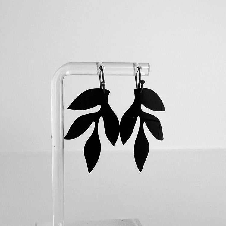 Wisteria Leaf Bicycle Tube Earrings on Stand | Sustainable Fashion Earrings | Kaden & Kai