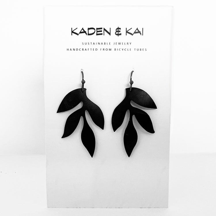 Wisteria Leaf Bicycle Tube Earrings on display card | Sustainable Fashion Earrings | Kaden & Kai