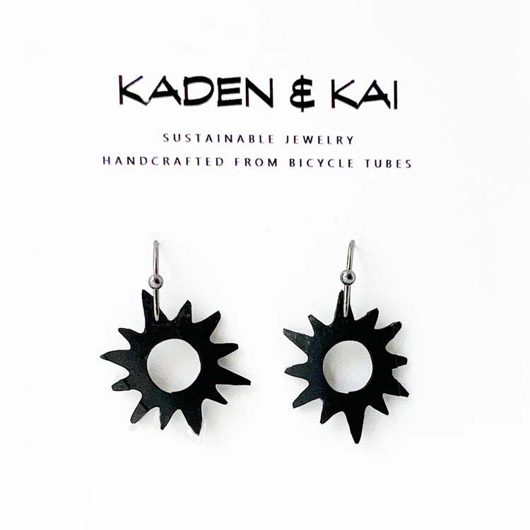 Close-up of Sunburst Bicycle Tube Earrings | Sustainable Fashion Jewelry | Kaden & Kai