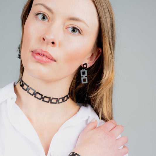 Chain Reaction Choker and Diamond+Chain Earrings handcrafted in Black Verdasil™, Verdalux™ collection — Designs That Elevate. Performance jewelry by KADEN & KAI®.