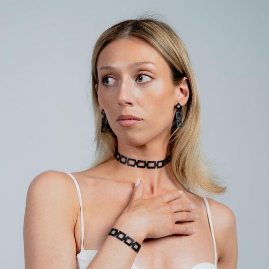 Chain Reaction Choker, Bracelet and Diamond+Chain Earrings handcrafted in Black Verdasil™, Verdalux™ collection — Designs That Elevate. Performance jewelry by KADEN & KAI®.