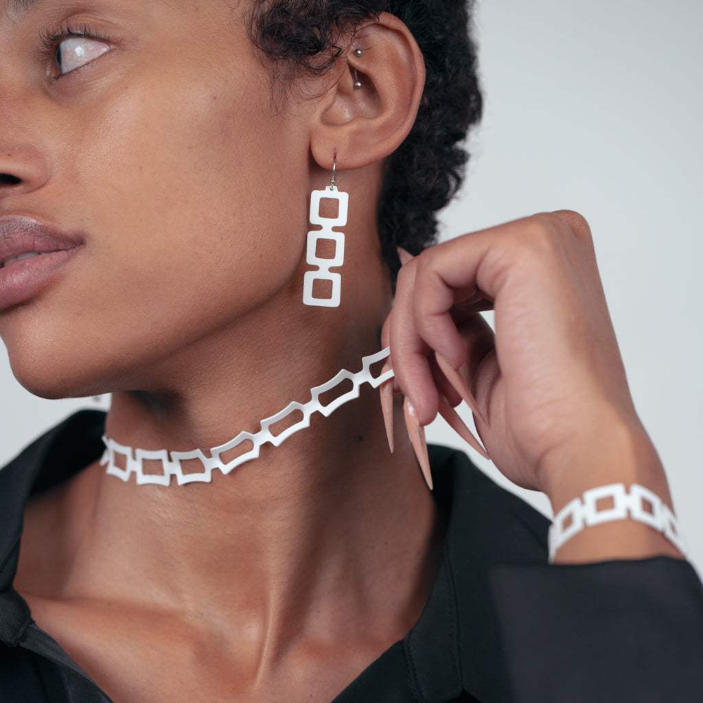 Chain Reaction Earrings, Choker and bracelet handcrafted in White Verdasil® | Verdari Performance Jewelry |  KADEN & KAI®