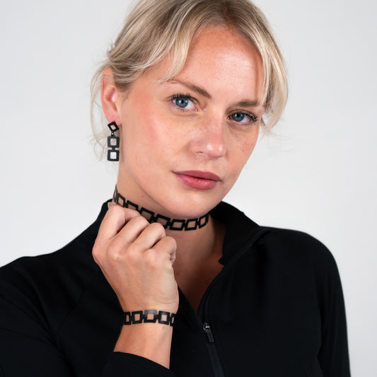 Chain Reaction Choker and Diamond+Chain Earrings handcrafted in Black Verdasil® | Verdari Performance Jewelry |  KADEN & KAI®