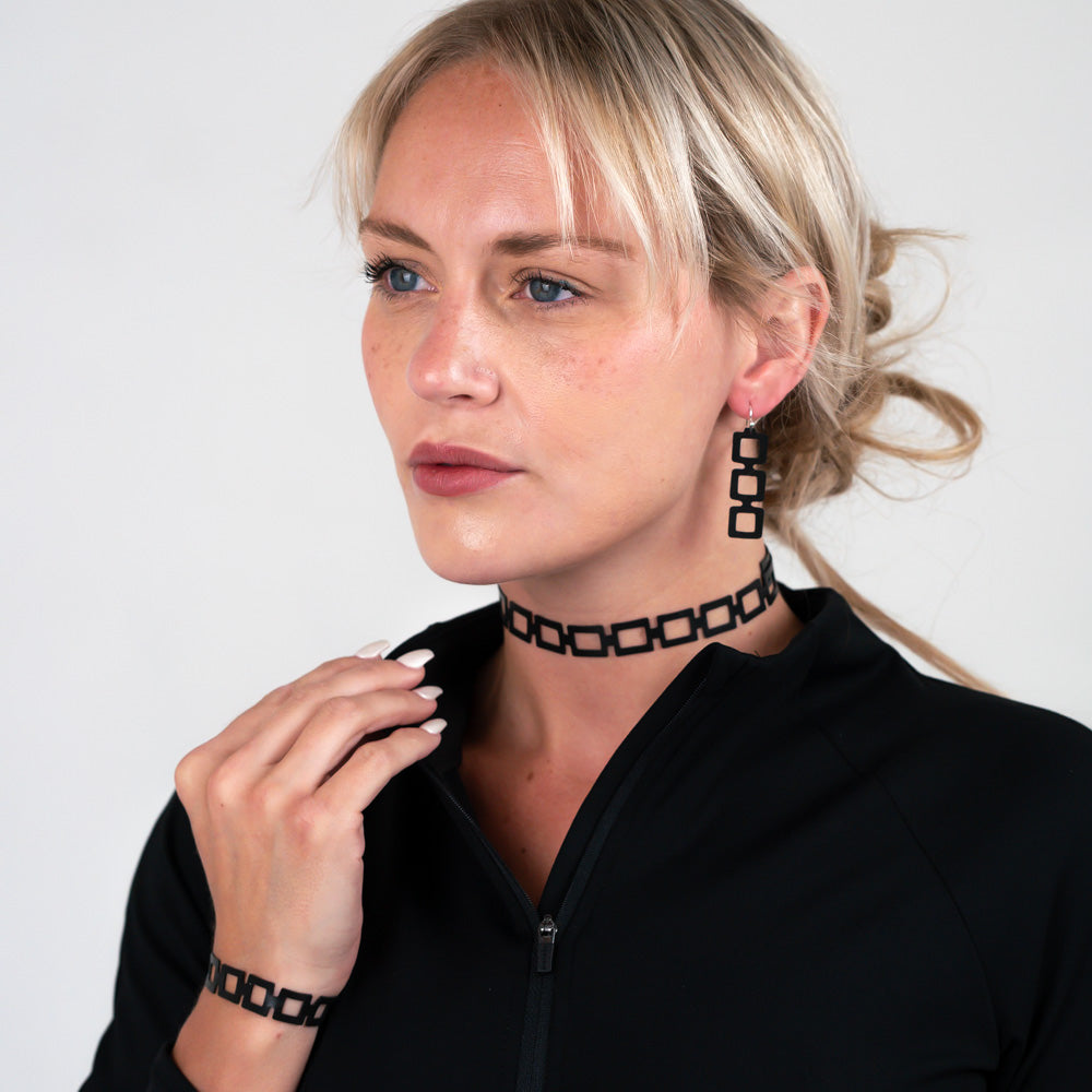 Chain Reaction Earrings, Bracelet and Choker handcrafted in Black Verdasil® | Verdari Performance Jewelry |  KADEN & KAI®
