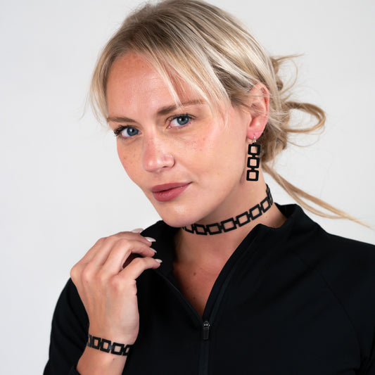Chain Reaction Choker, Bracelet and Earrings handcrafted in Black Verdasil® | Verdari Performance Jewelry |  KADEN & KAI®