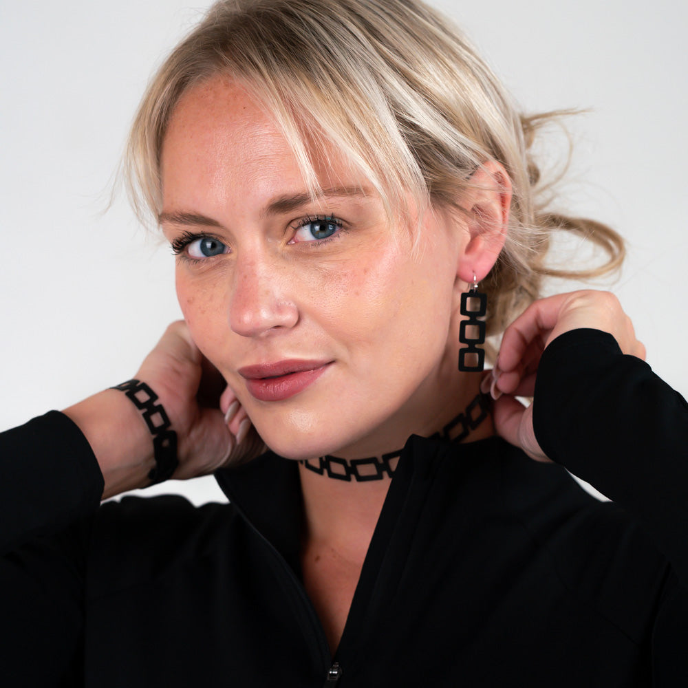 Chain Reaction Earrings, Bracelet and Choker handcrafted in Black Verdasil® | Verdari Performance Jewelry |  KADEN & KAI®