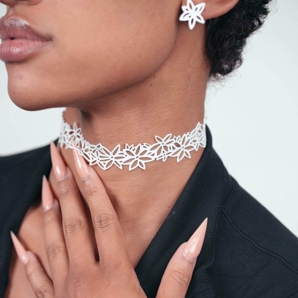 Daisy Choker and Wildflower Button Earrings handcrafted in White Verdasil® | Verdalure - Designs That Elevate | Sustainable Fashion Jewelry |  KADEN & KAI®