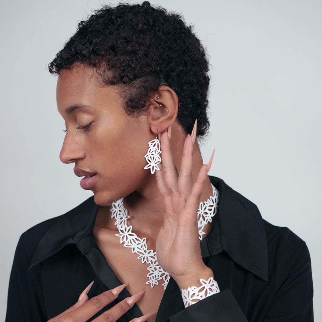 Daisy Necklace, bracelet and earrings handcrafted in White Verdasil® | Verdacious - Bold By Design | Performance Jewelry |  KADEN & KAI®