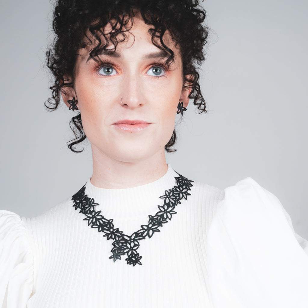 Daisy Necklace and Wildflower Button Earrings handcrafted in Black Verdasil® | Verdacious - Bold By Design | Performance Jewelry |  KADEN & KAI®