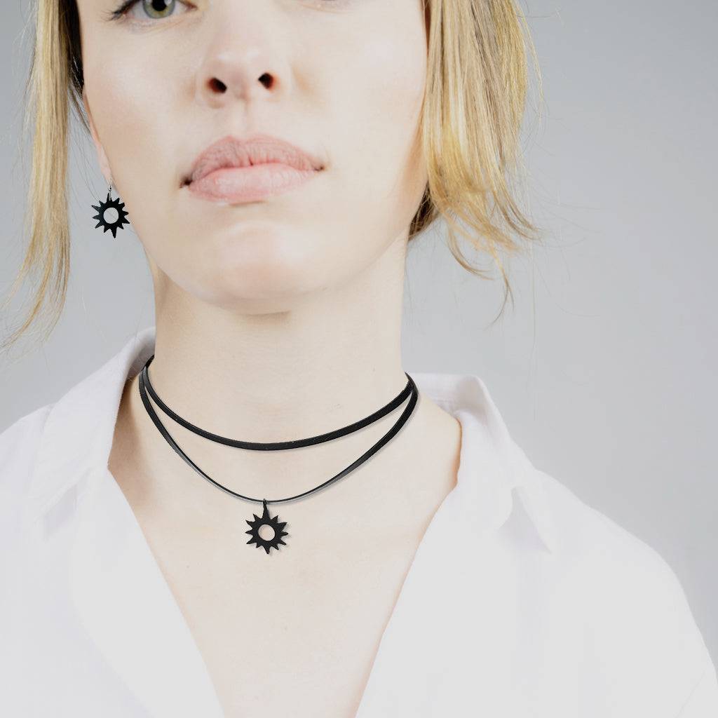 Eclipse Necklace and Earrings handcrafted in Black Verdasil™, Verdari™ collection — Designed For Motion. Performance jewelry by KADEN & KAI®.