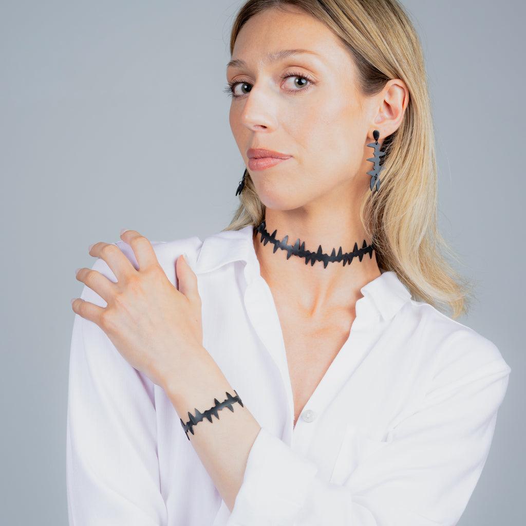 Fierce Choker, Earrings and Bracelet handcrafted in Black Verdasil® | Verdari Performance Jewelry |  KADEN & KAI®