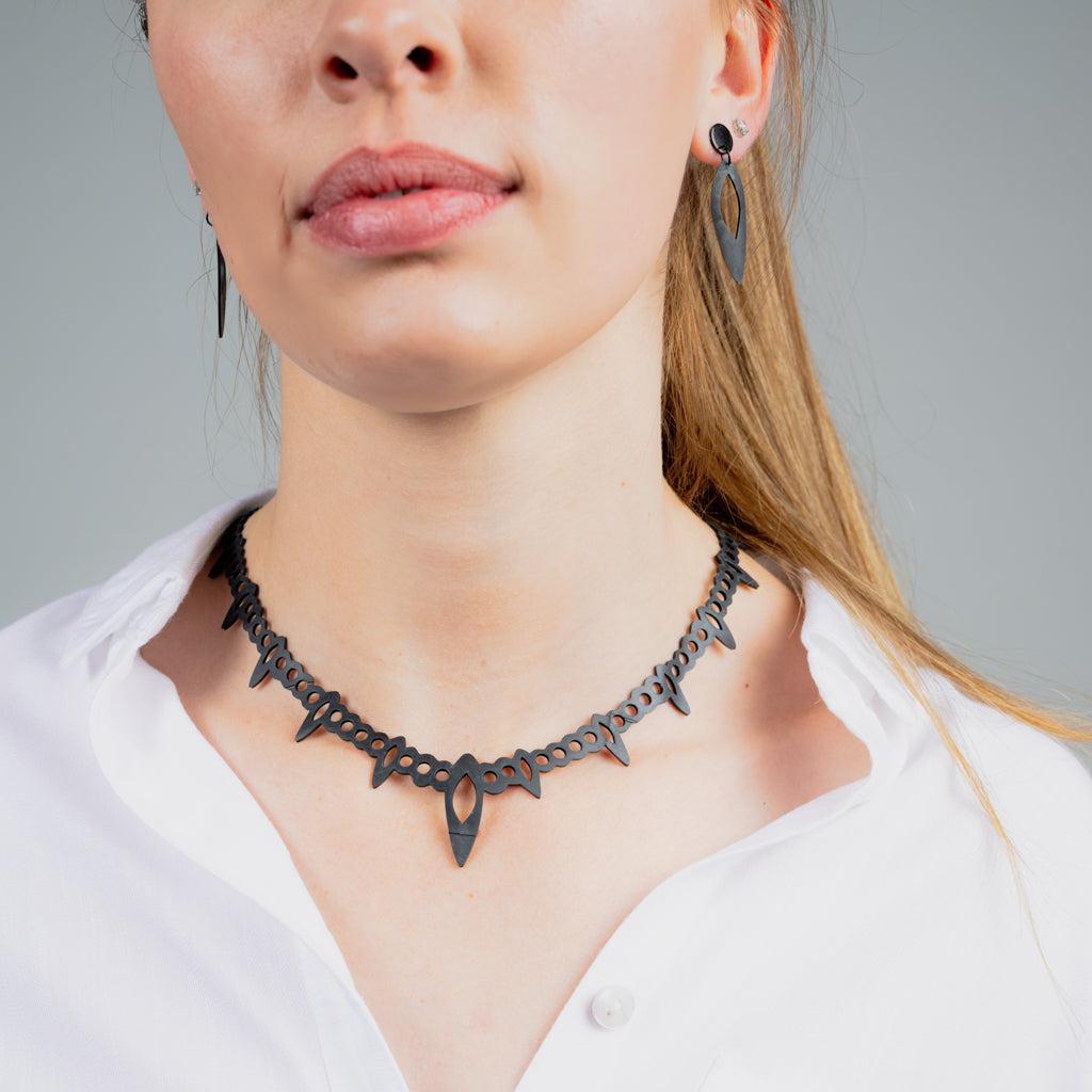 Fierce Tribal Necklace and Earrings handcrafted in Black Verdasil™, Verdacious™ collection — Bold By Design. Performance jewelry by KADEN & KAI®.