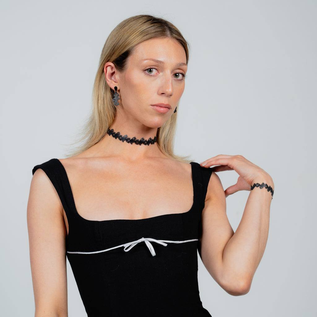 Isla Choker, Bracelet and Tear Drop Earrings handcrafted in Black Verdasil® | Verdari Performance Jewelry |  KADEN & KAI®