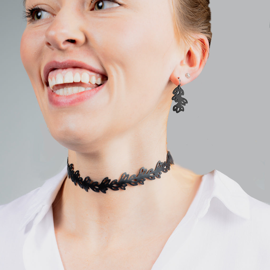 Isla Floral Choker and Earrings handcrafted in Black Verdasil™, Verdalux™ collection — Designs That Elevate. Performance jewelry by KADEN & KAI®.