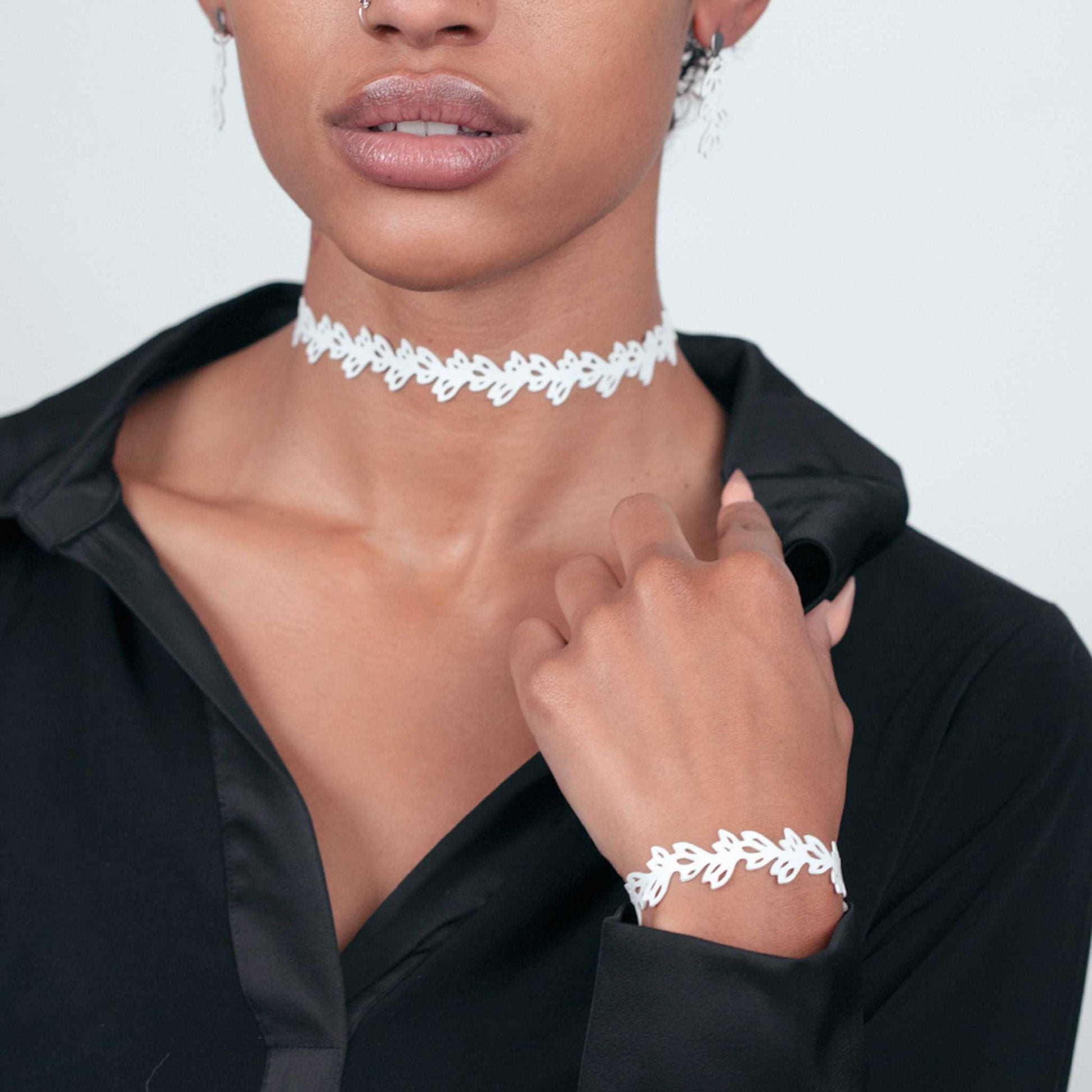 Isla Choker, Bracelet and Teardrop Earrings handcrafted in White Verdasil™, Verdalux™ collection — Designs That Elevate. Performance jewelry by KADEN & KAI®.