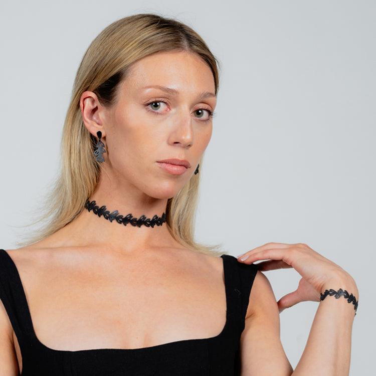 Isla Choker and Teardrop Earrings handcrafted in Black Verdasil™, Verdalux™ collection — Designs That Elevate. Performance jewelry by KADEN & KAI®.
