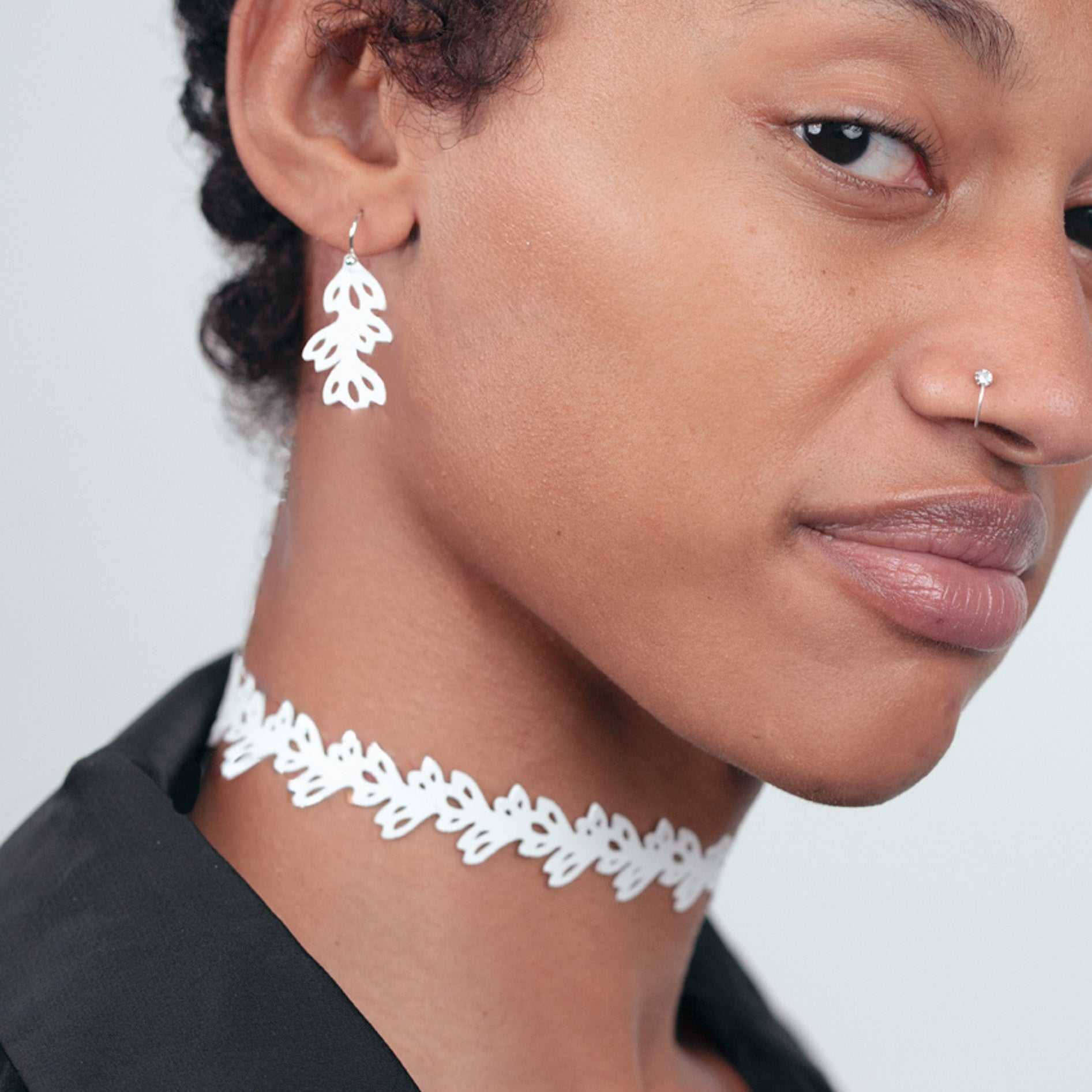 Isla Choker and Floral Earrings handcrafted in White Verdasil™, Verdalux™ collection — Designs That Elevate. Performance jewelry by KADEN & KAI®.