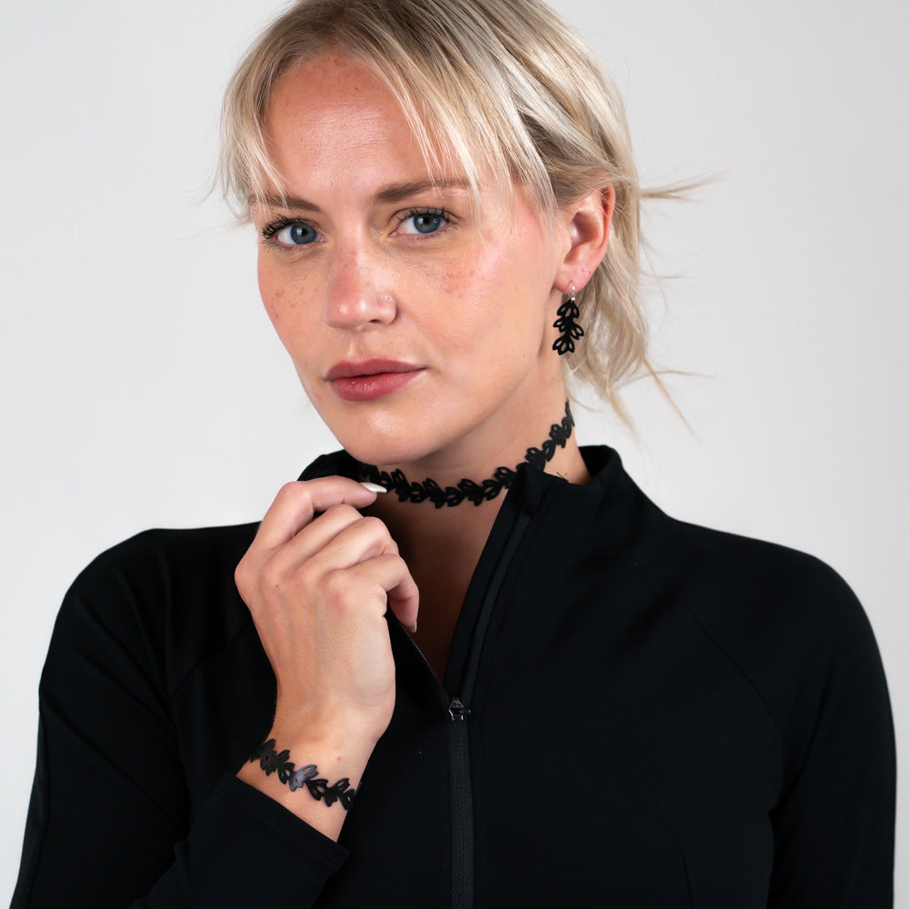 Isla Choker and 1.35" Floral Earrings handcrafted in Black Verdasil® | Verdari Performance Jewelry |  KADEN & KAI®