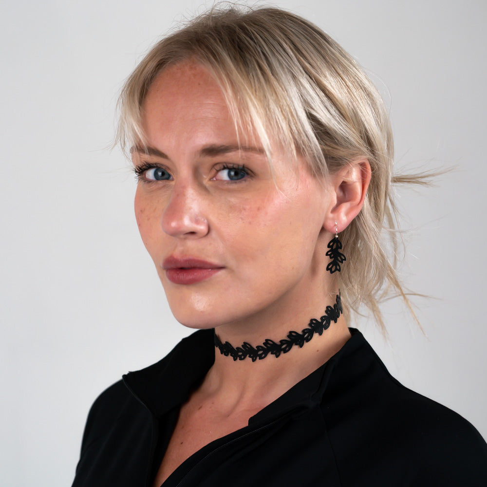 Isla Choker and 1.35" floral Earrings handcrafted in Black Verdasil® | Verdari Performance Jewelry |  KADEN & KAI®