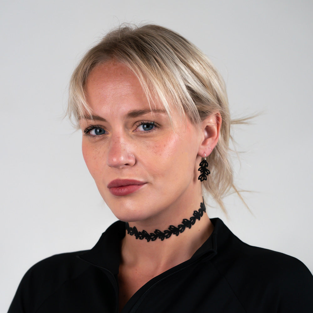 Isla Choker and 1.35" floral Earrings handcrafted in Black Verdasil® | Verdari Performance Jewelry |  KADEN & KAI®