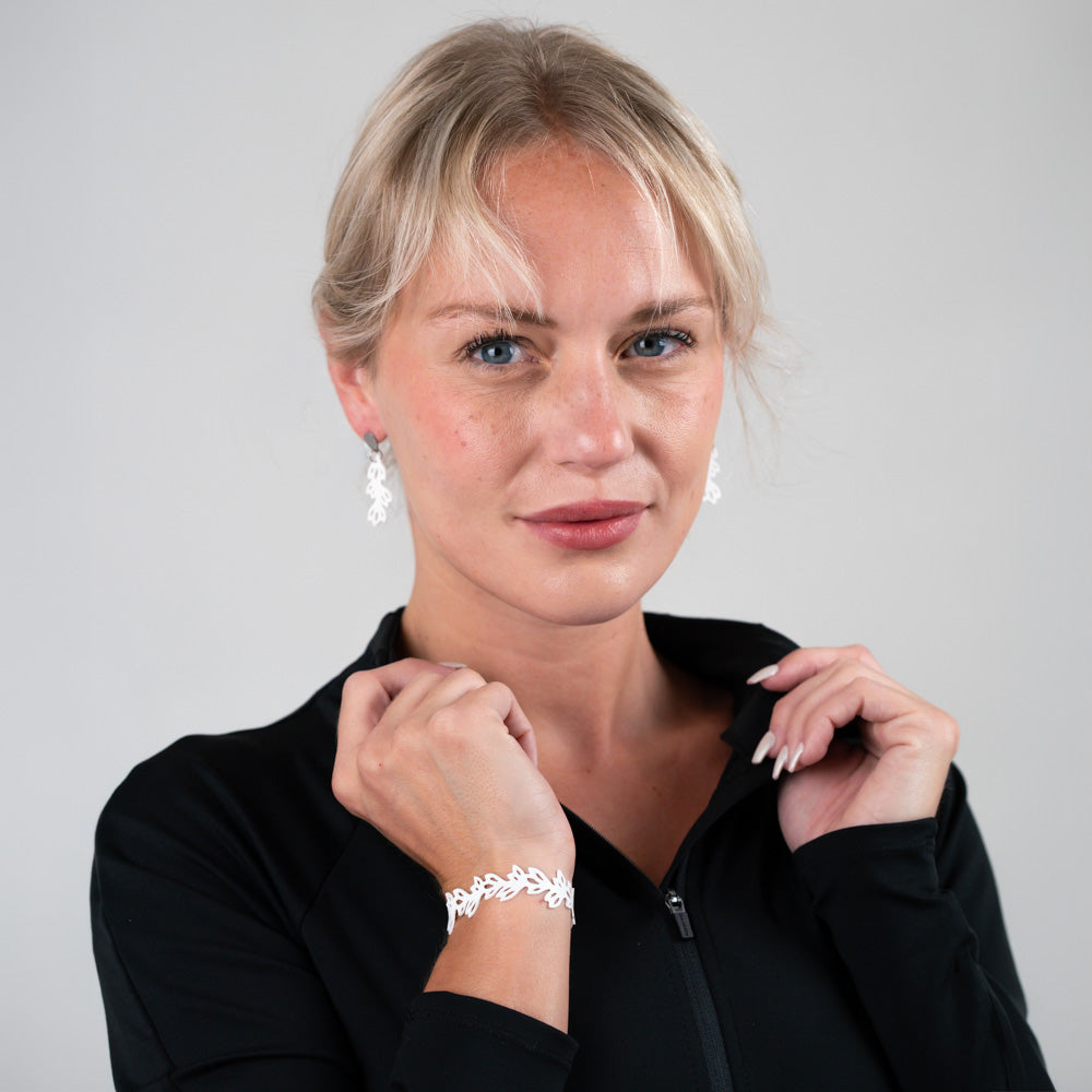 Isla 1.35" Teardrop Earrings and bracelet handcrafted in White Verdasil® | Verdari Performance Jewelry |  KADEN & KAI®