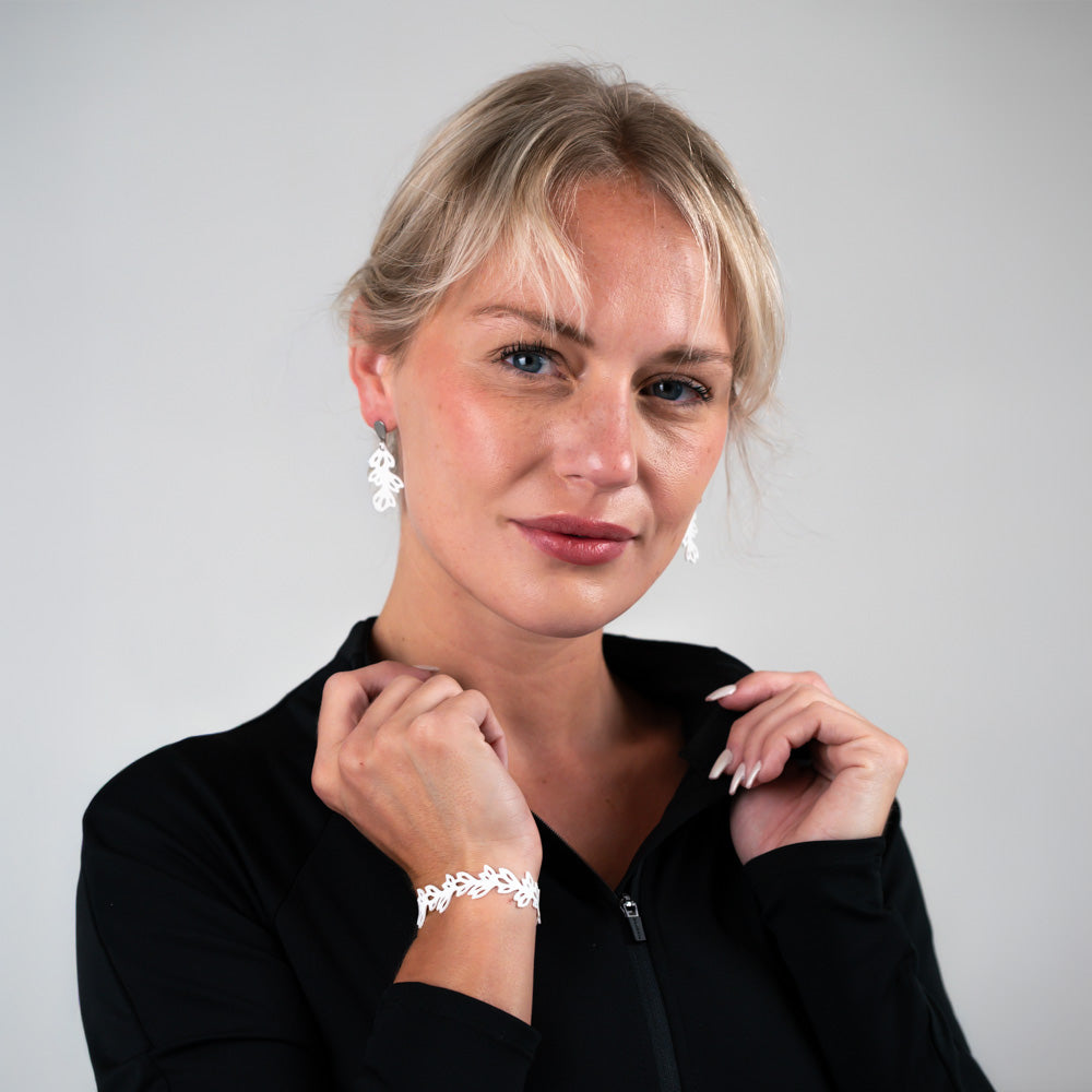 Isla 1.35" Teardrop Earrings and bracelet handcrafted in White Verdasil® | Verdari Performance Jewelry |  KADEN & KAI®