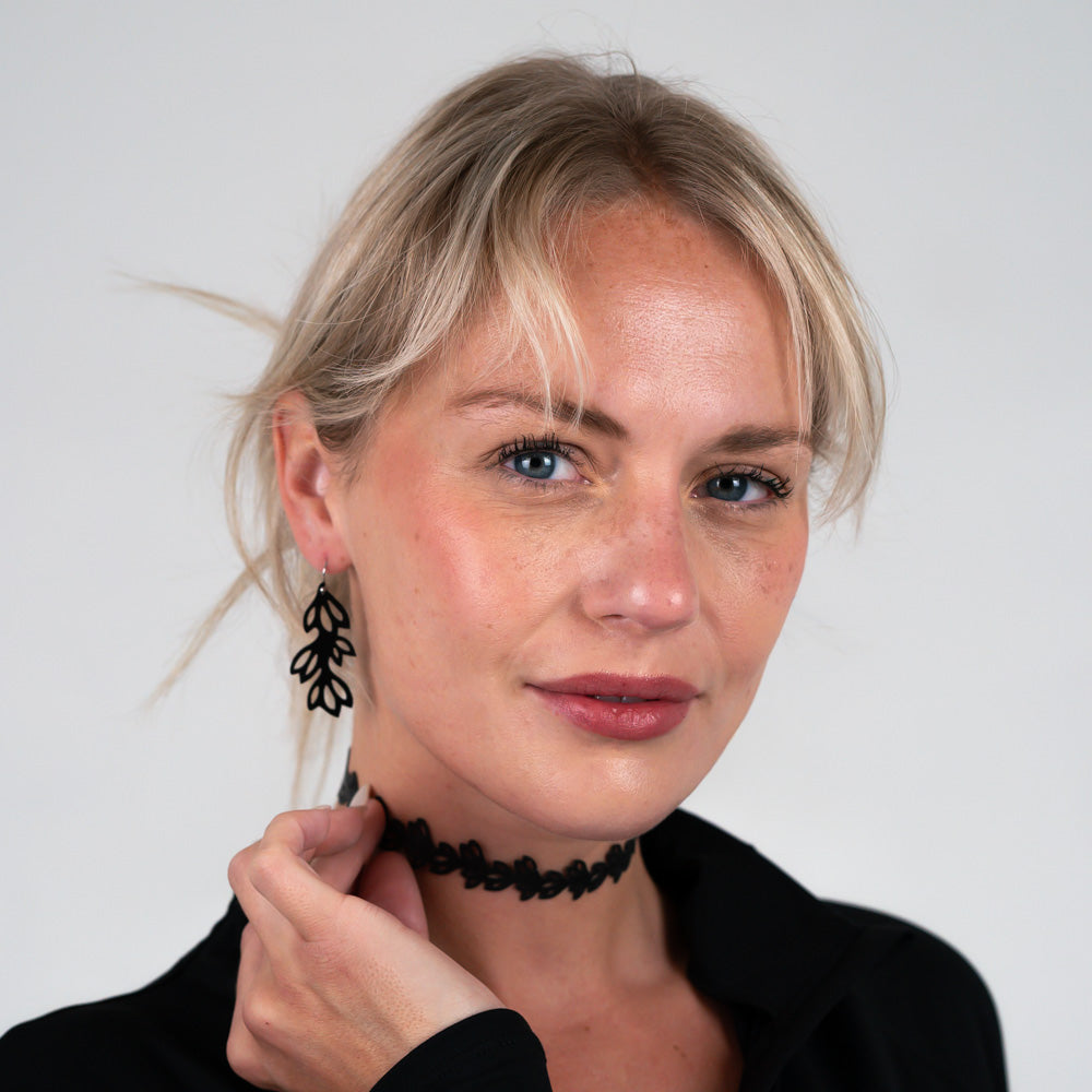 Isla Floral Choker and 2" Floral Earrings handcrafted in Black Verdasil® | Verdari Performance Jewelry |  KADEN & KAI®