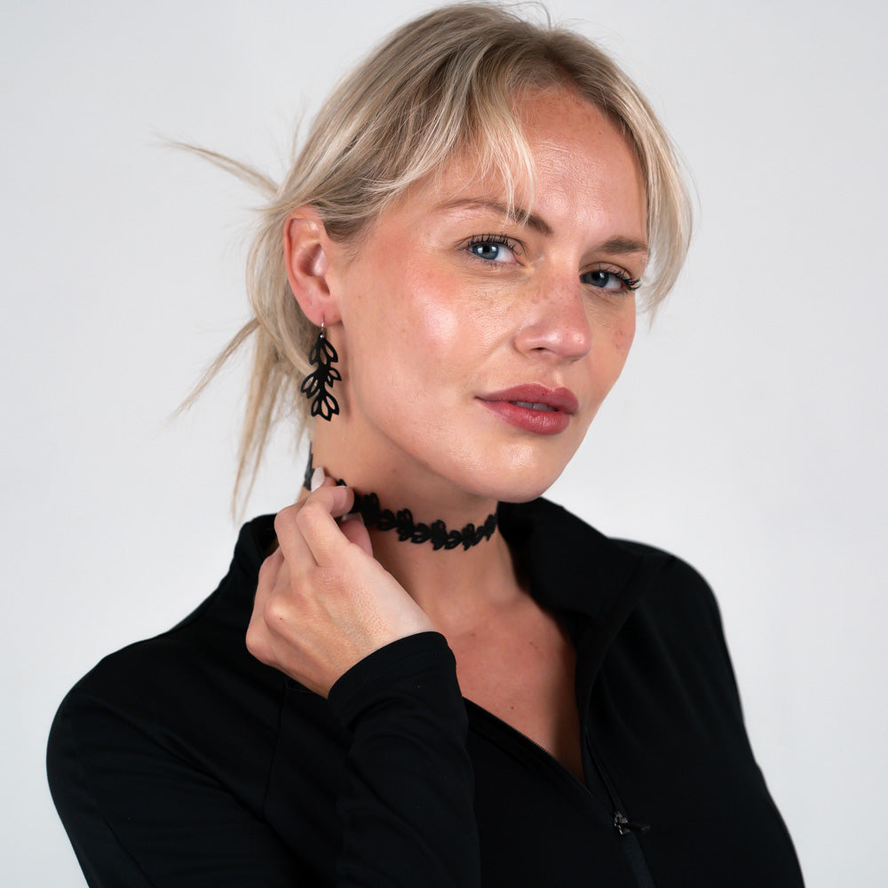Isla Choker and 2" Floral Earrings handcrafted in Black Verdasil® | Verdari Performance Jewelry |  KADEN & KAI®