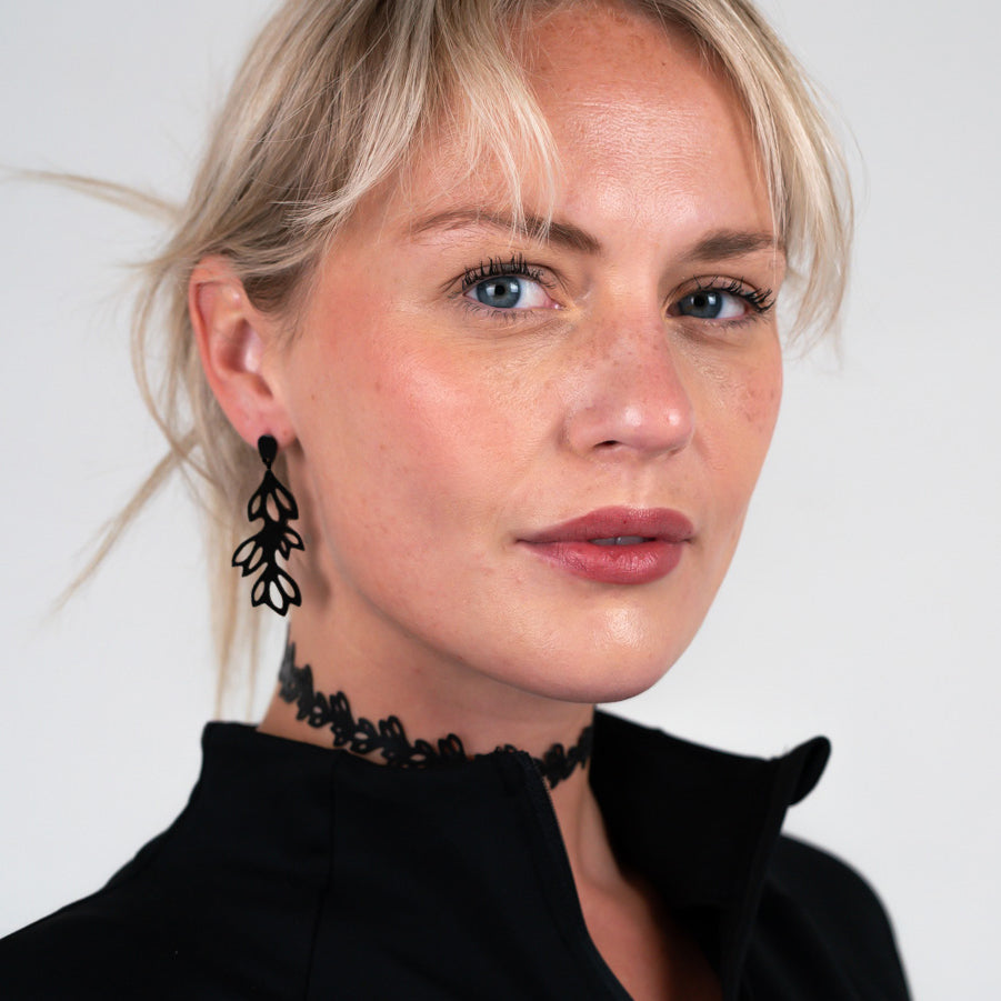 Isla Choker and 2" Teardrop Earrings handcrafted in Black Verdasil® | Verdari Performance Jewelry |  KADEN & KAI®