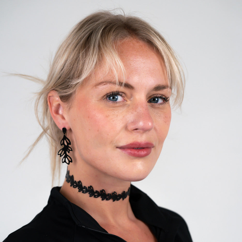 Isla Choker and 2" Teardrop Earrings handcrafted in Black Verdasil® | Verdari Performance Jewelry |  KADEN & KAI®