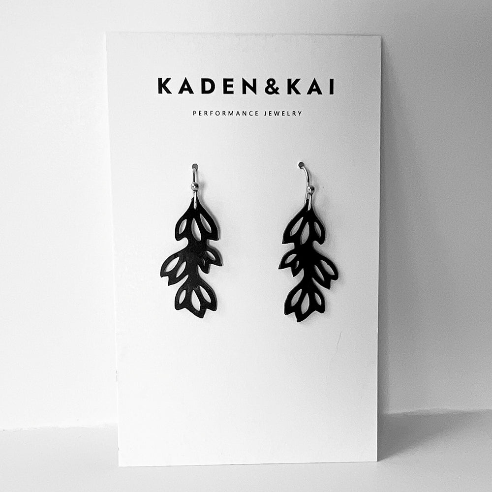 Isla 1.35" floral Earrings handcrafted in Black Verdasil® on display card | Verdari Performance Jewelry |  KADEN & KAI®