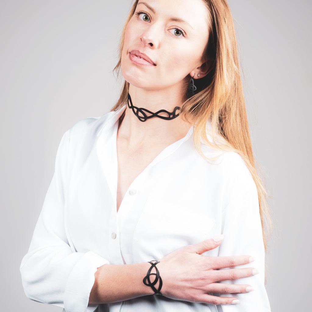 Pure Whimsy Choker, Bracelet and Earrings handcrafted in Black Verdasil™, Verdalux™ collection — Designs That Elevate. Performance jewelry by KADEN & KAI®.