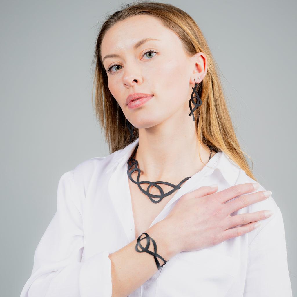 Fire+Whimsy Earrings, Pure Whimsy Necklace and Bracelet handcrafted in Black Verdasil™, Verdalux™ collection — Designs That Elevate. Performance jewelry by KADEN & KAI®.