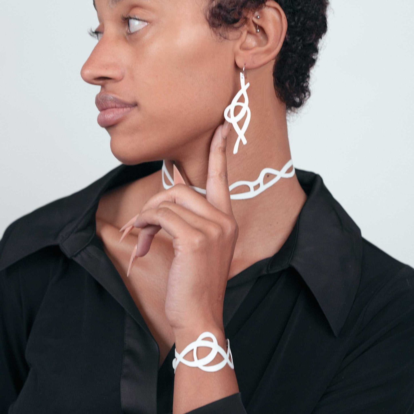 Pure Whimsy Bracelet, Choker and Fire+Whimsy Earrings handcrafted in White Verdasil™, Verdalux™ collection — Designs That Elevate. Performance jewelry by KADEN & KAI®.