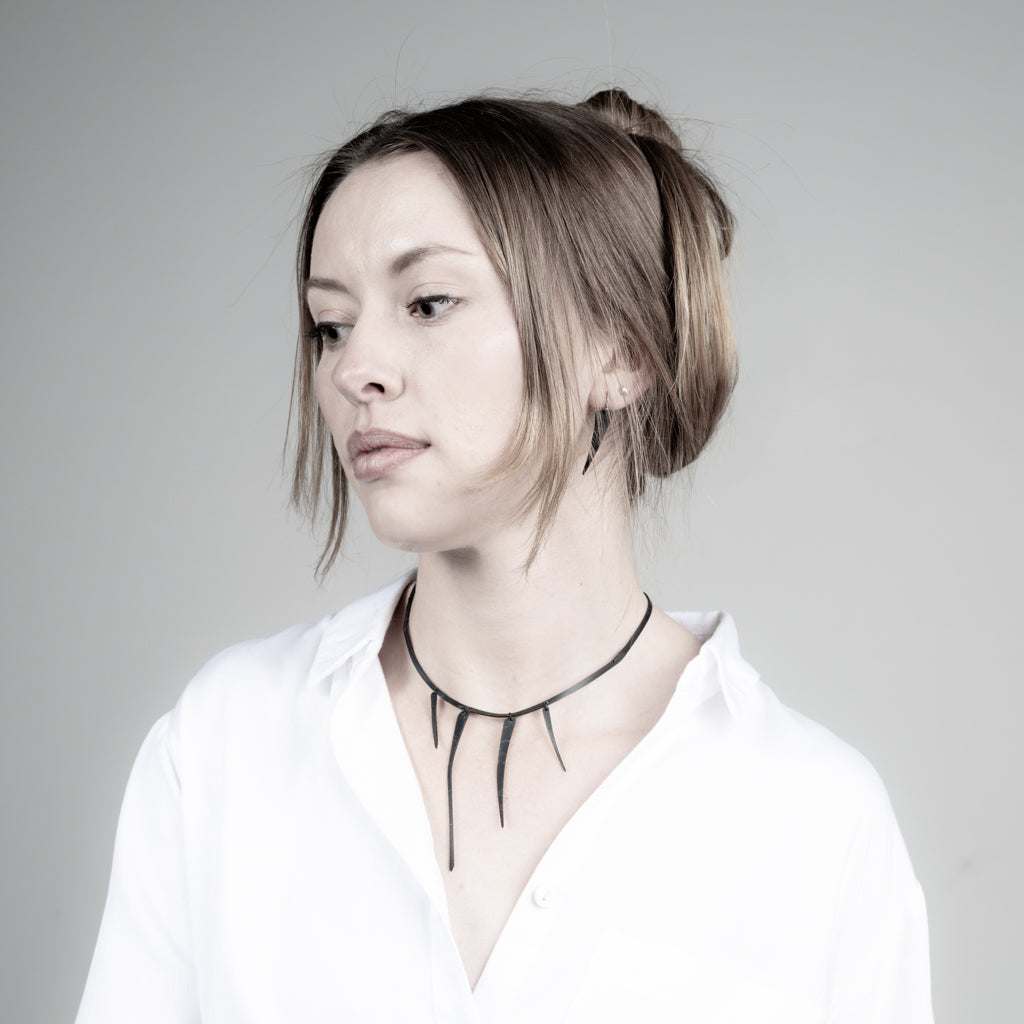 Saber Tooth Earrings and Necklace handcrafted in Black Verdasil™, Verdalux™ collection — Designs That Elevate. Performance jewelry by KADEN & KAI®.