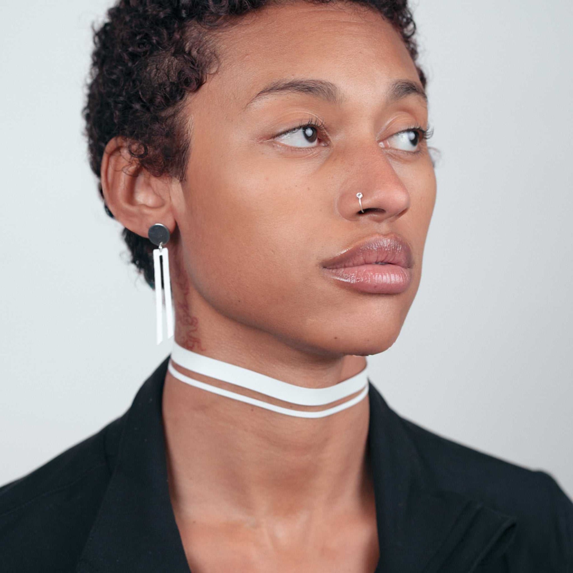 Shockwave Earrings and Ribbon+Stripe Choker handcrafted in White Verdasil™, Verdalux™ collection — Designs That Elevate. Performance jewelry by KADEN & KAI®.