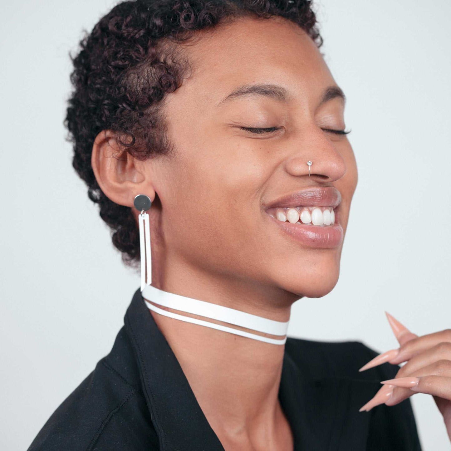 Shockwave Earrings and Ribbon+Stripe Choker handcrafted in White Verdasil® | Verdalure - Designs That Elevate | Performance Jewelry |  KADEN & KAI®