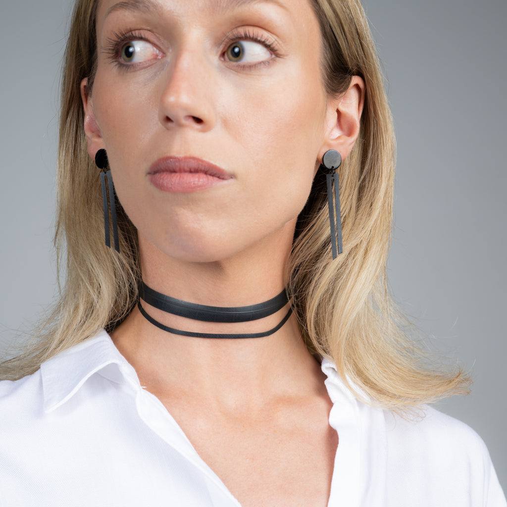 Shockwave Earrings and Ribbon+Stripe Choker handcrafted in Black Verdasil® | Verdalure - Designs That Elevate | Performance Jewelry |  KADEN & KAI®