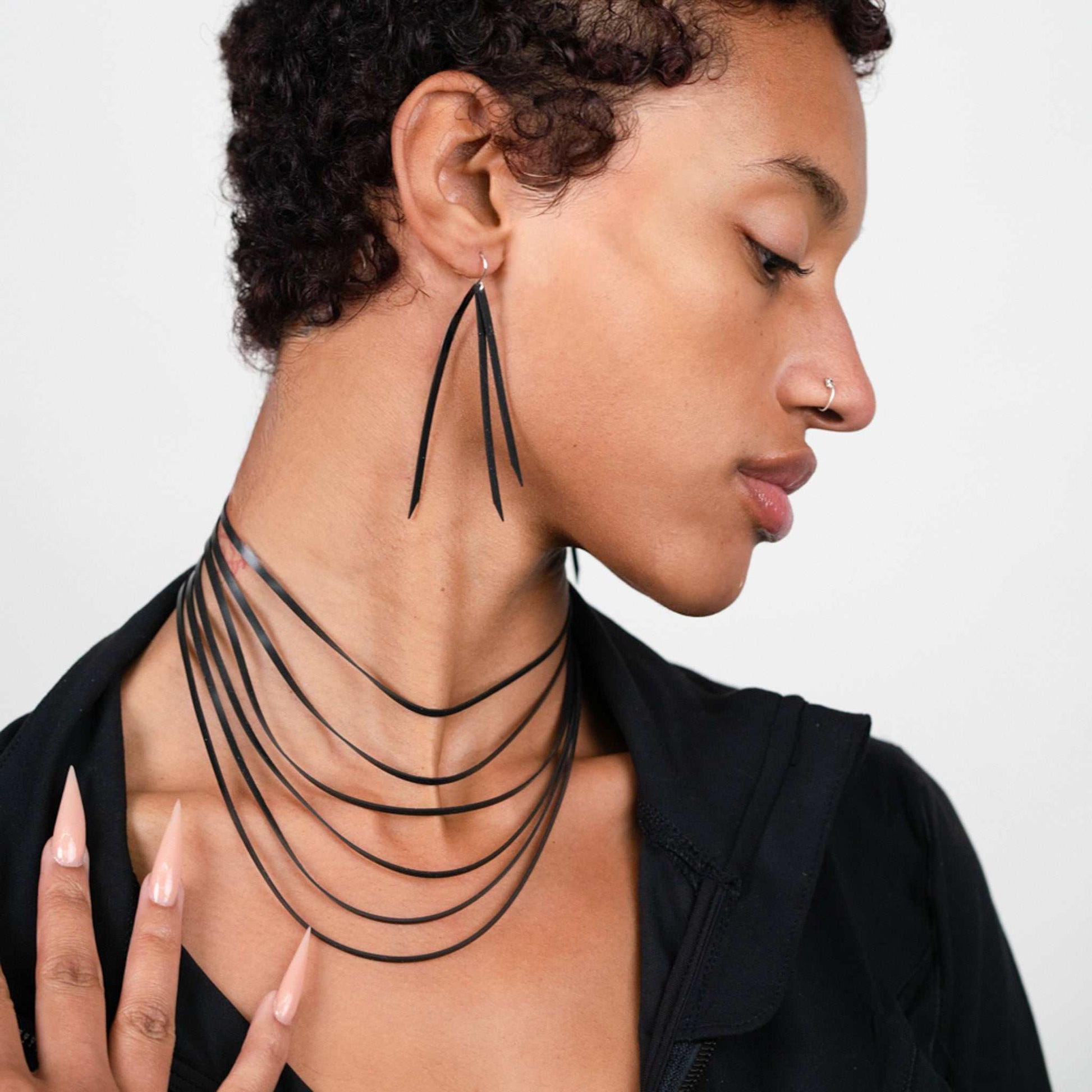 Shockwave Necklace and Kuiper Comet Earrings handcrafted in Black Verdasil® | Verdari Performance Jewelry |  KADEN & KAI®