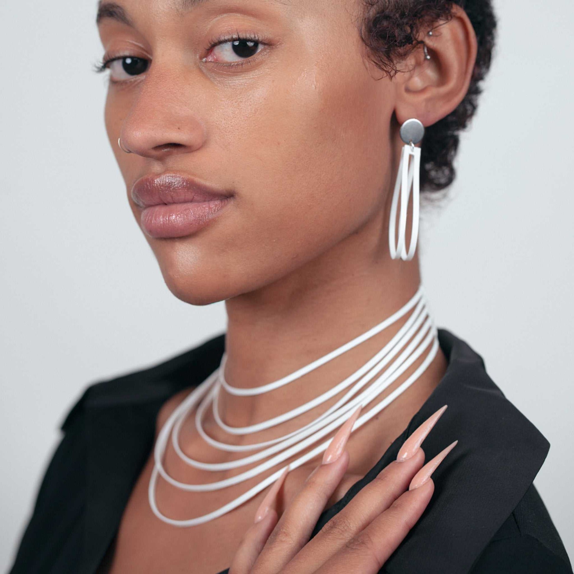 Shockwave Necklace and Super Sonic Earrings handcrafted in White Verdasil™, Verdalux™ collection — Designs That Elevate. Performance jewelry by KADEN & KAI®.