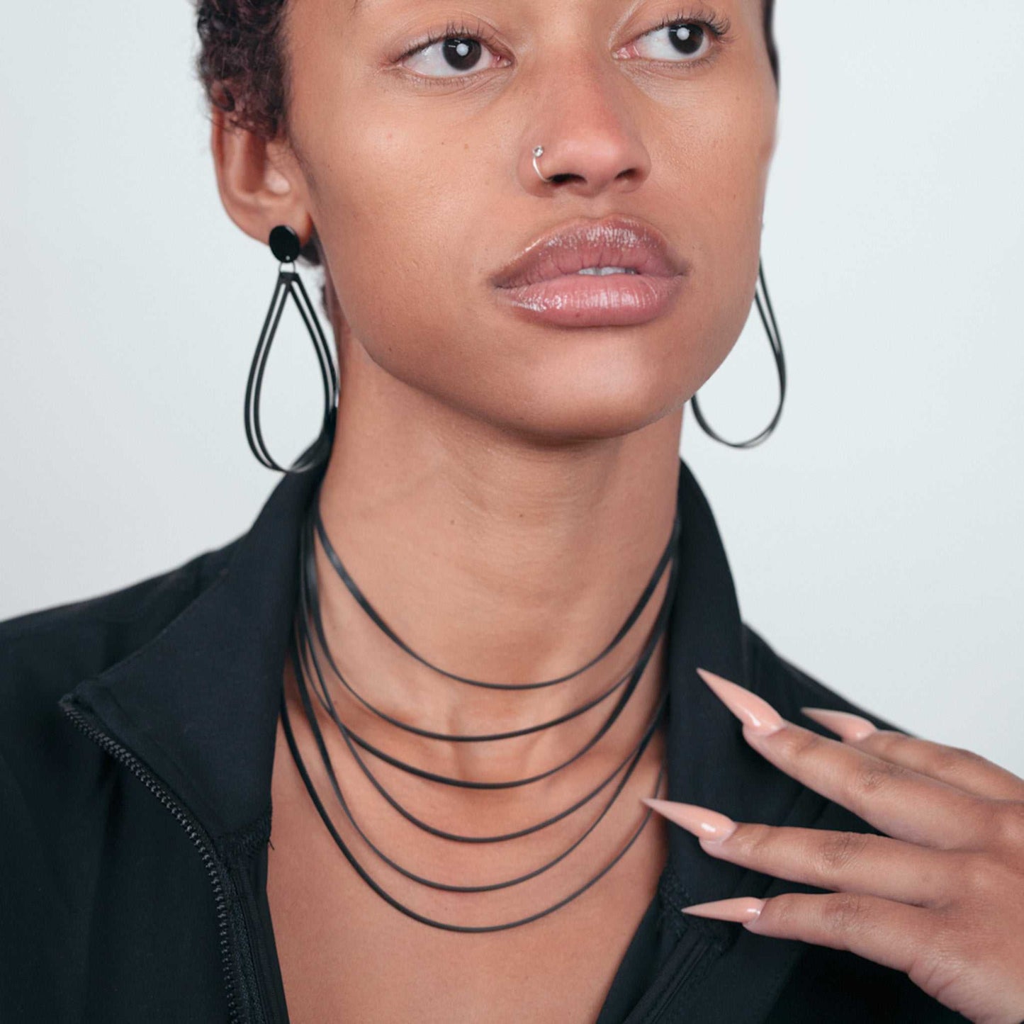 Shockwave Necklace and Super Sonic Earrings handcrafted in Black Verdasil™, Verdalux™ collection — Designs That Elevate. Performance jewelry by KADEN & KAI®.