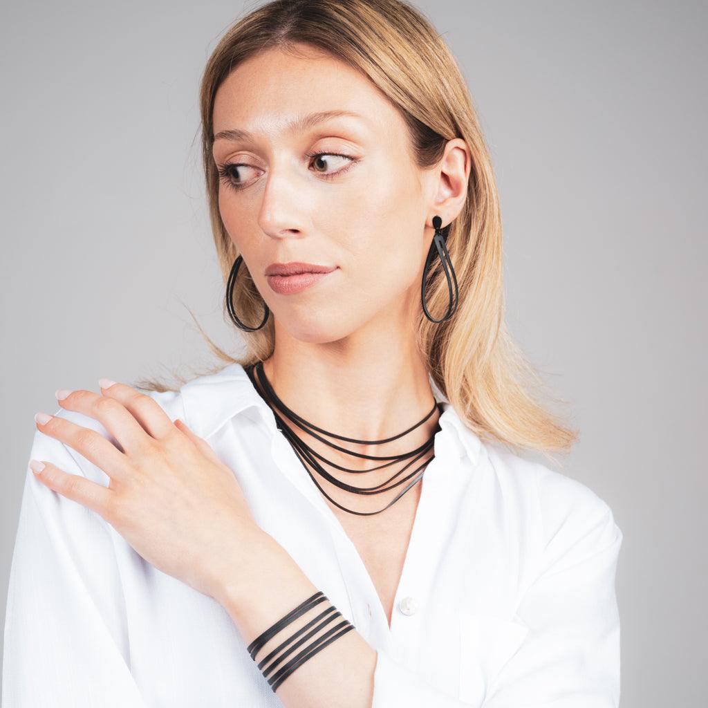 Shockwave Necklace, Bracelet and Earrings handcrafted in Black Verdasil™, Verdalux™ collection — Designs That Elevate. Performance jewelry by KADEN & KAI®.