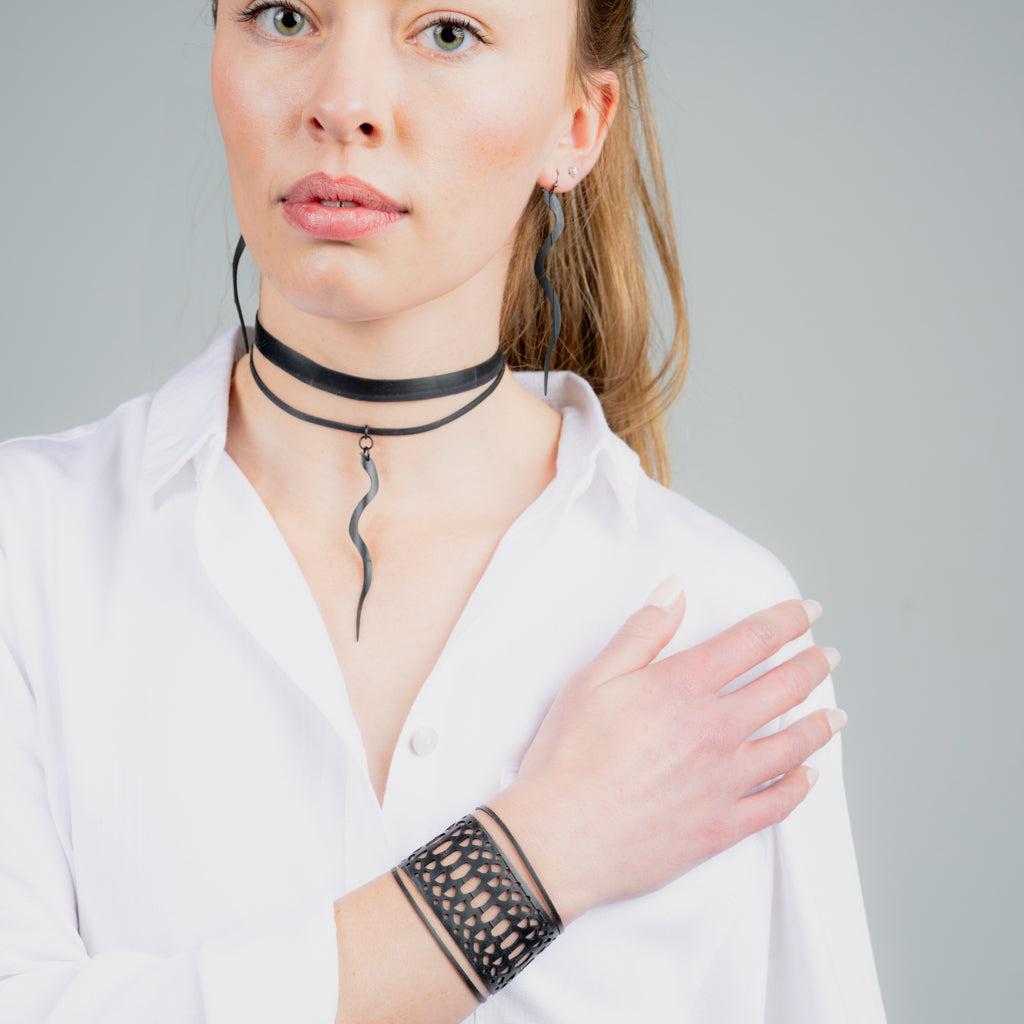 Snake Charm Earrings, Choker and Snakeskin Bracelet handcrafted in Black Verdasil® | Verdalure - Designs That Elevate | Sustainable Fashion Jewelry |  KADEN & KAI®