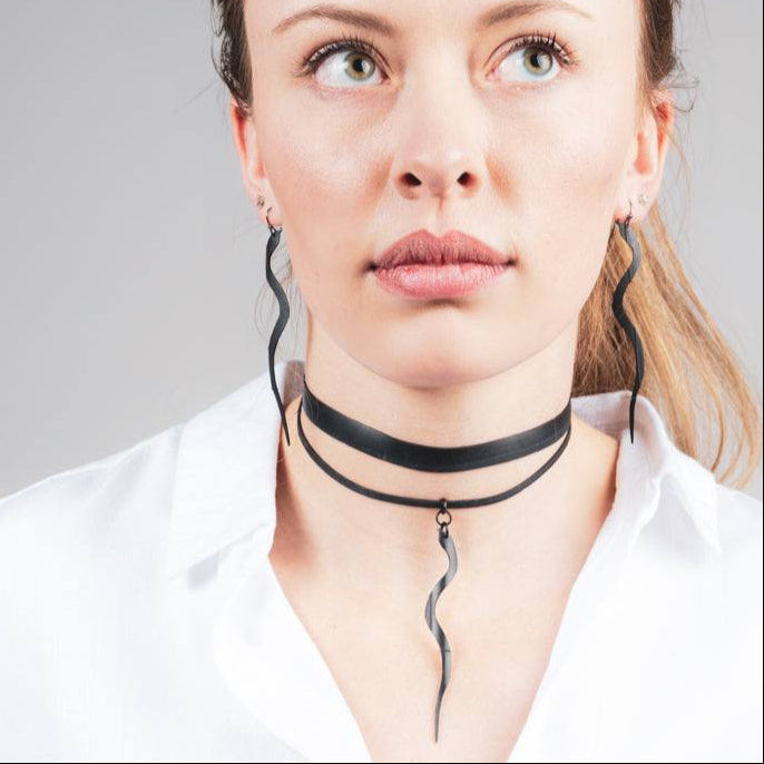 Snake Charm Ribbon Choker and Earrings handcrafted in Black Verdasil™, Verdalux™ collection — Designs That Elevate. Performance jewelry by KADEN & KAI®.