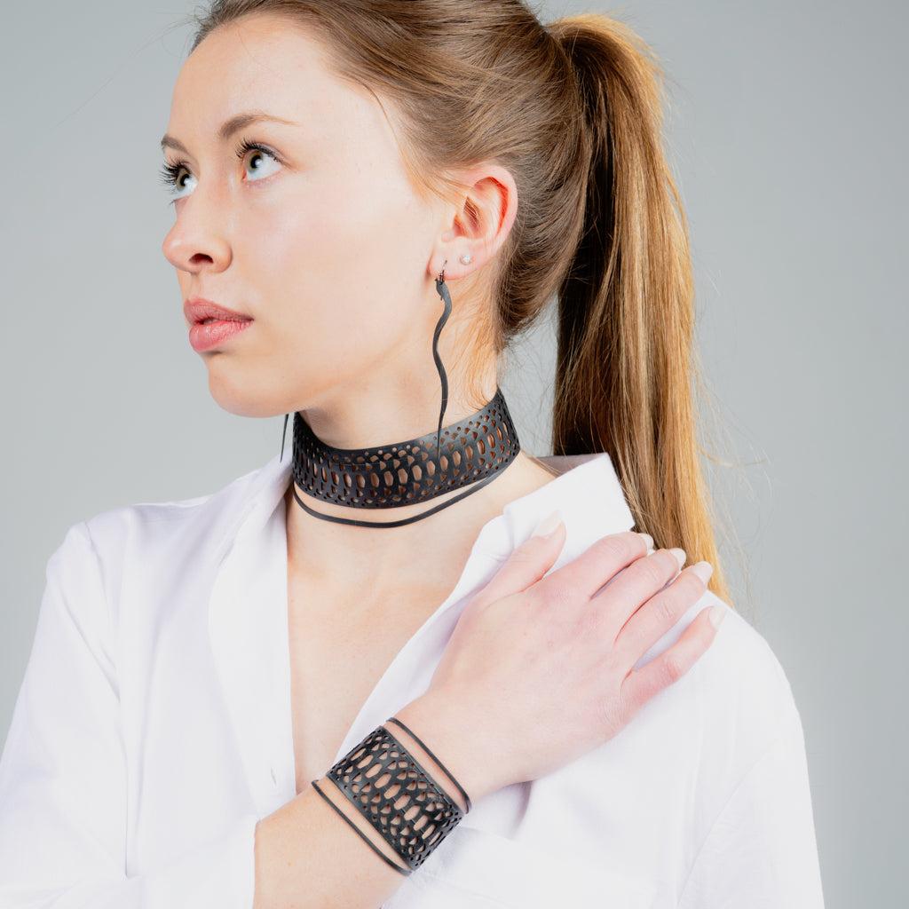Snake Charm Earrings and Snakeskin Choker and Bracelet handcrafted in Black Verdasil™, Verdacious™ collection — Bold By Design. Performance jewelry by KADEN & KAI®.